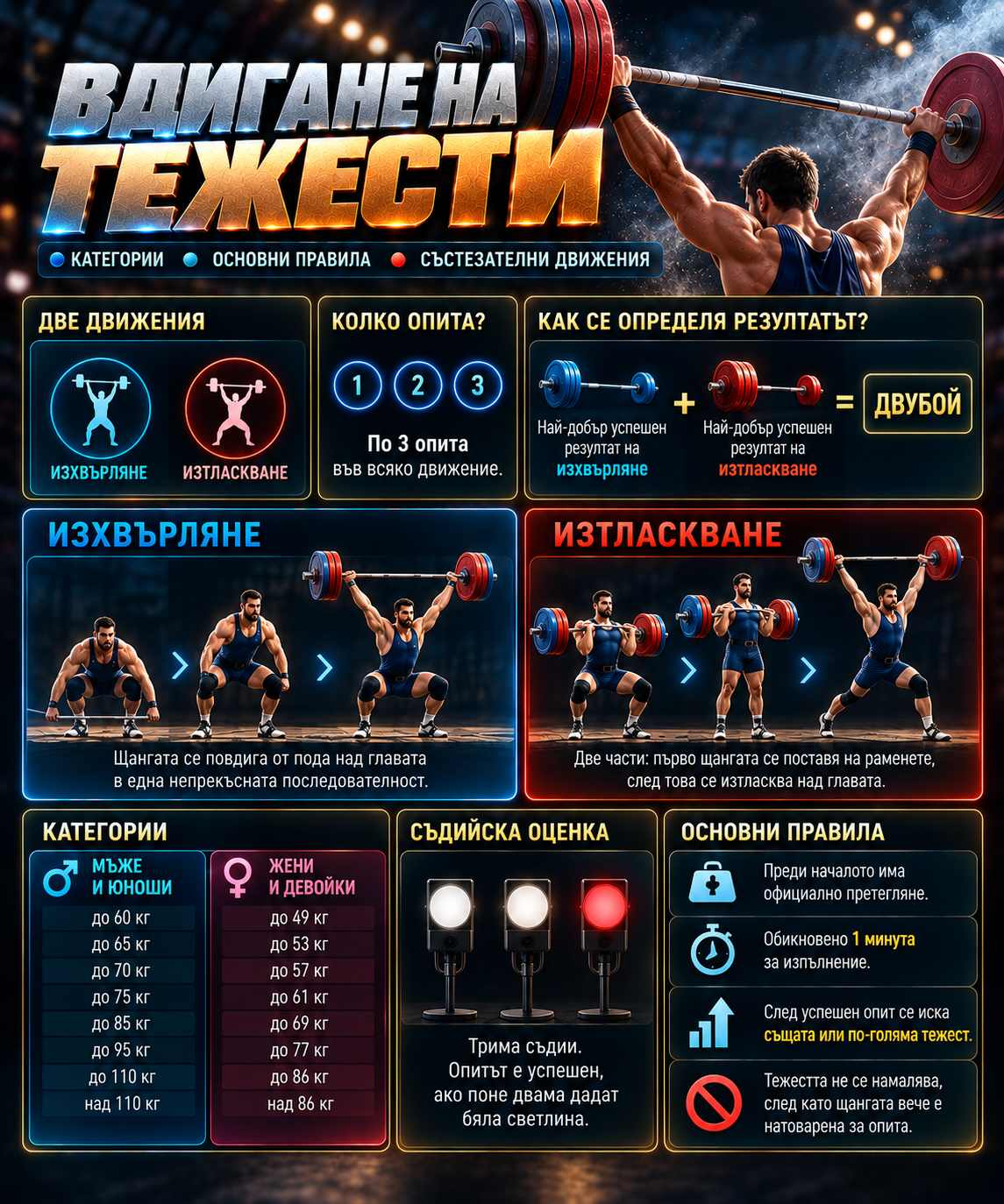 Вдигане на тежести: категории, основни правила и състезателни движения